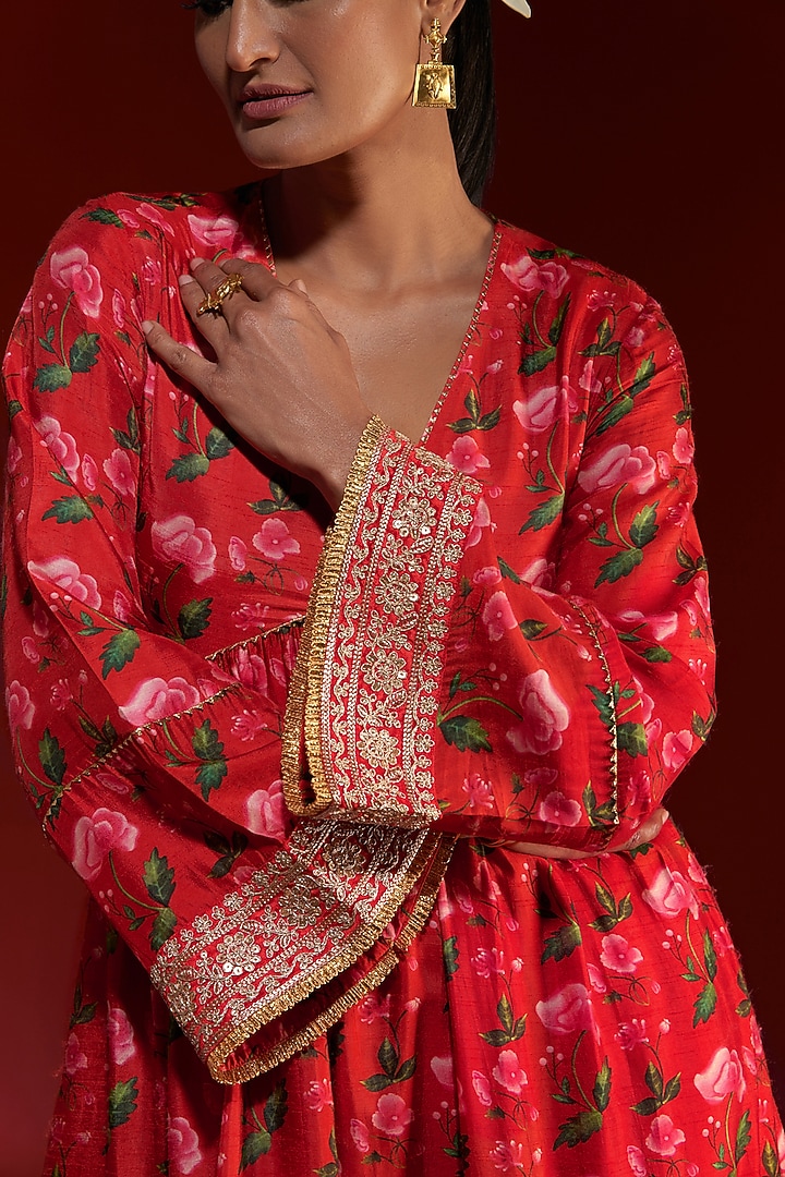 Red Raw Silk Digital Printed Kurta Set by Masaba at Pernia's Pop Up Shop