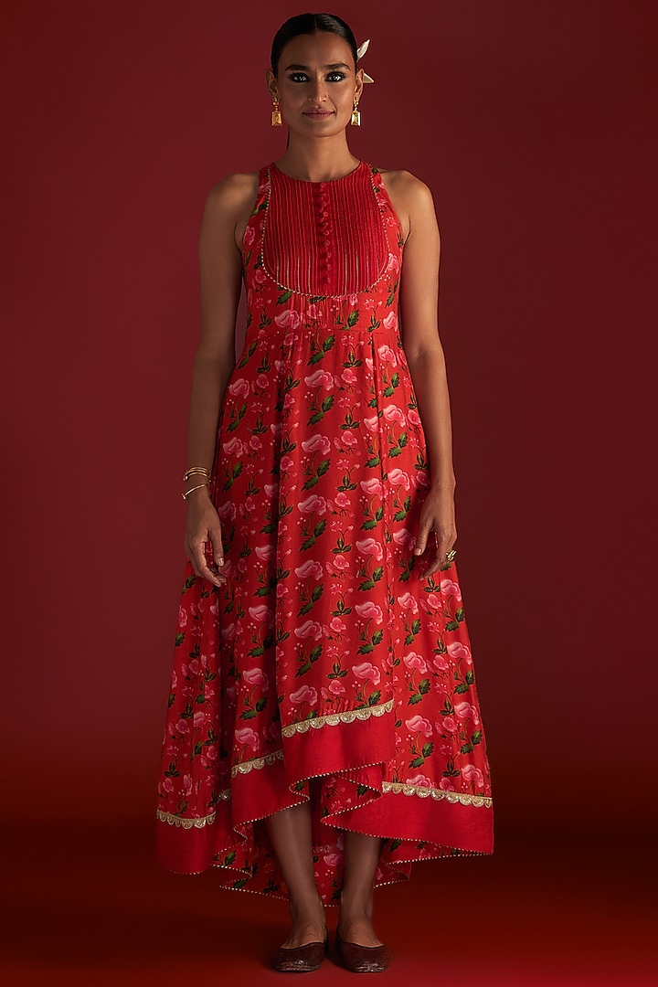 Red Raw Silk Digital Printed High-Low Kurta Vacation Dress by Masaba at Pernia's Pop Up Shop