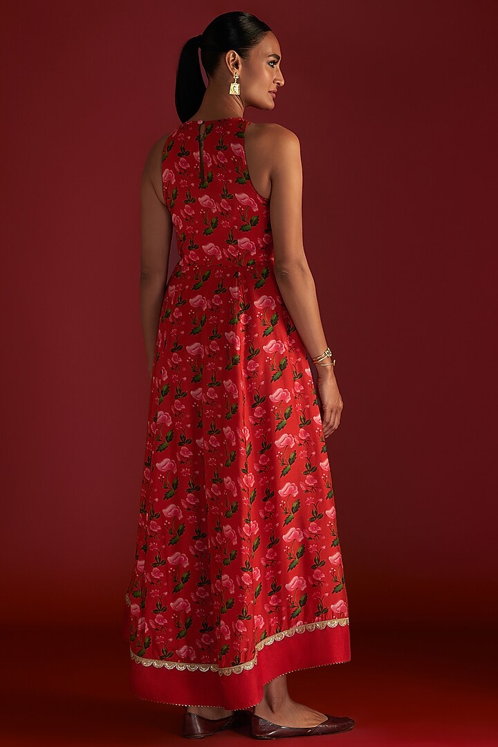 Red Raw Silk Digital Printed High-Low Kurta Vacation Dress by Masaba at Pernia's Pop Up Shop