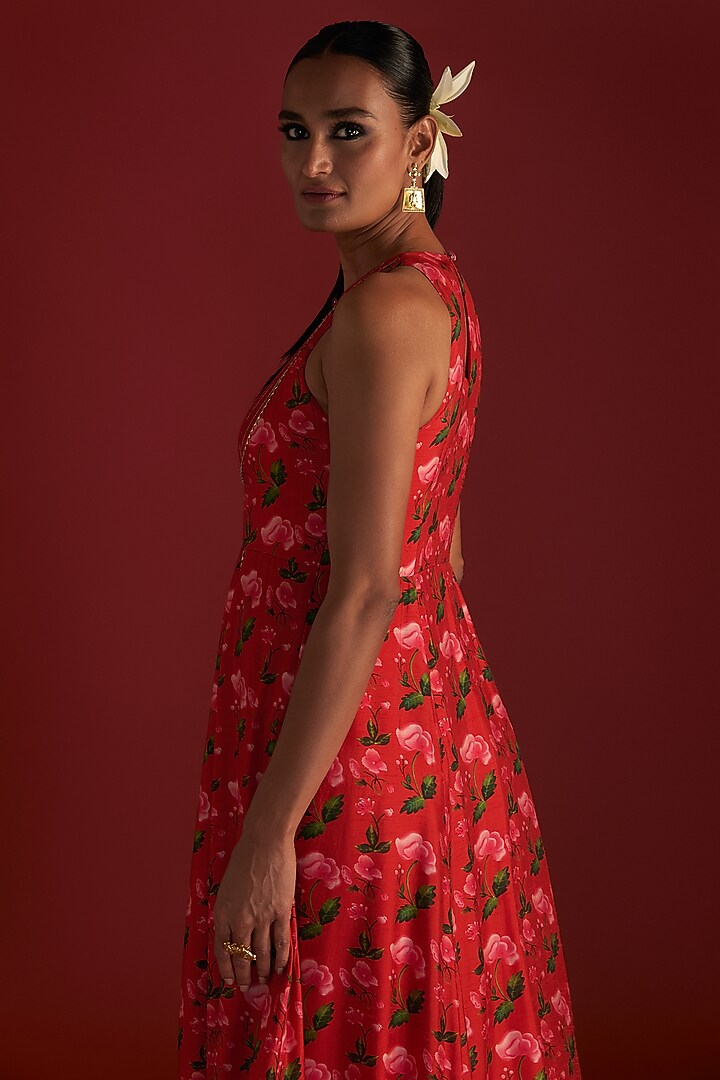 Red Raw Silk Digital Printed High-Low Kurta Vacation Dress by Masaba at Pernia's Pop Up Shop