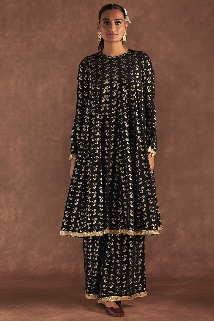 Black Crepe Silk Foil Printed Wedding Anarkali Set by Masaba at Pernia's Pop Up Shop