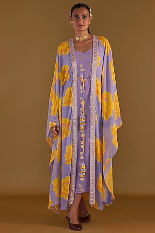 Lilac Georgette Digital Printed Cover-Up Kaftan by Masaba
