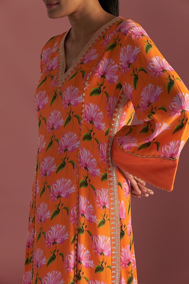 Orange Crepe Silk Digital Printed Asymmetrical Kaftan by Masaba at Pernia's Pop Up Shop