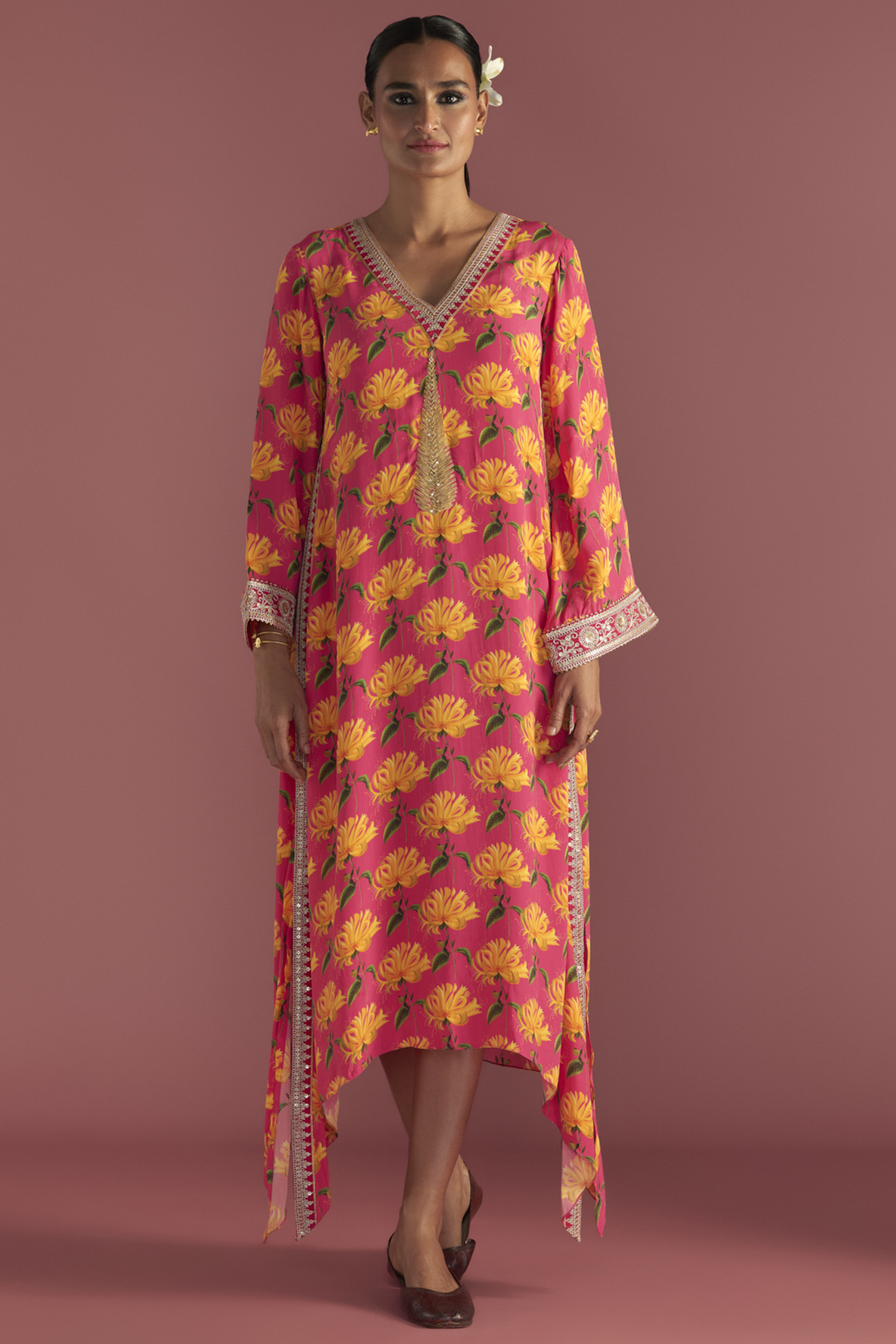 Berry Pink Crepe Silk Digital Printed Asymmetrical Kaftan by Masaba at Pernia's Pop Up Shop