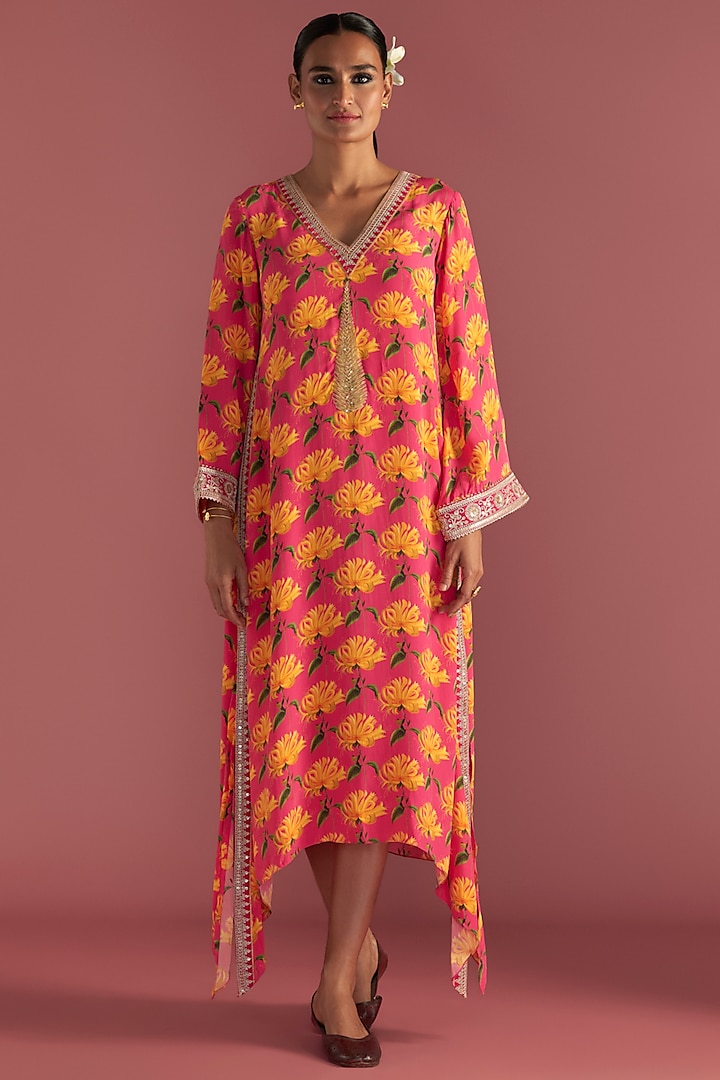 Berry Pink Crepe Silk Digital Printed Asymmetrical Kaftan by Masaba at Pernia's Pop Up Shop