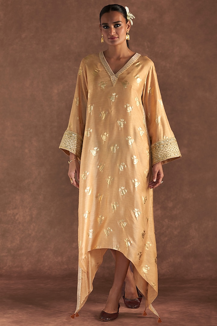 Beige Raw Silk Printed Asymmetrical Kaftan by Masaba