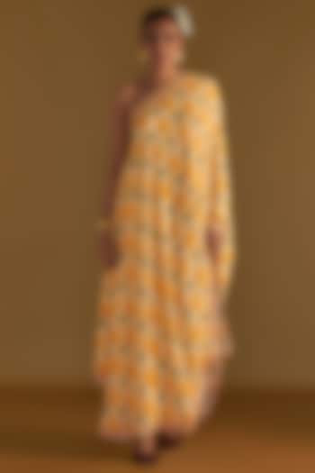 Vanilla Crepe Silk Printed One-Shoulder Kaftan by Masaba at Pernia's Pop Up Shop