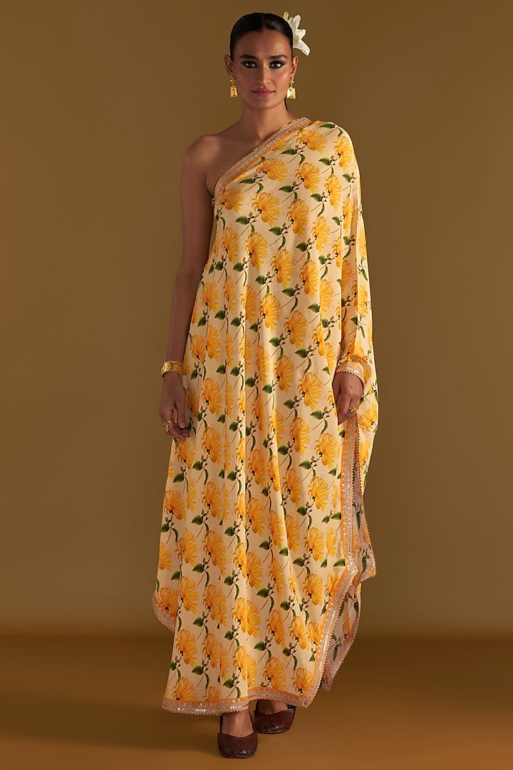 Vanilla Crepe Silk Printed One-Shoulder Kaftan by Masaba at Pernia's Pop Up Shop