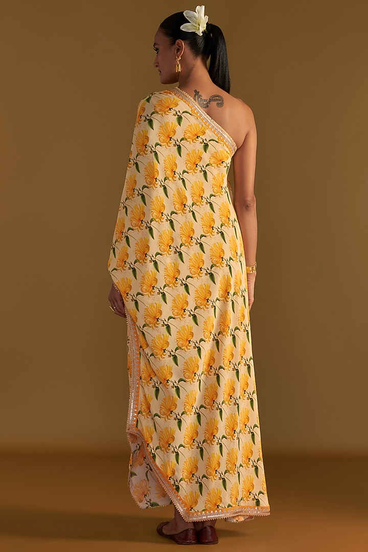 Vanilla Crepe Silk Printed One-Shoulder Kaftan by Masaba at Pernia's Pop Up Shop