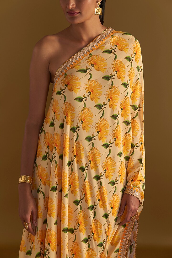 Vanilla Crepe Silk Printed One-Shoulder Kaftan by Masaba at Pernia's Pop Up Shop