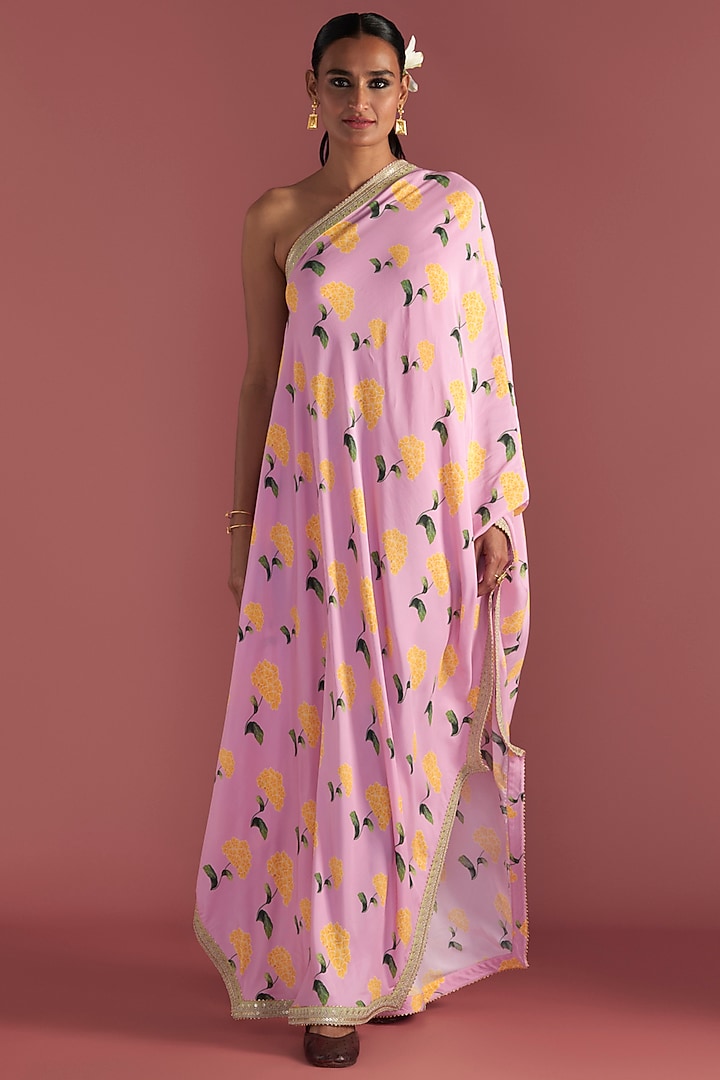 Blush Pink Crepe Silk Printed One-Shoulder Kaftan by Masaba at Pernia's Pop Up Shop