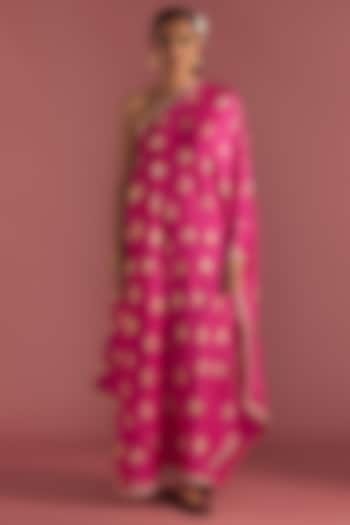 Magenta Pink Raw Silk Printed One-Shoulder Kaftan by Masaba