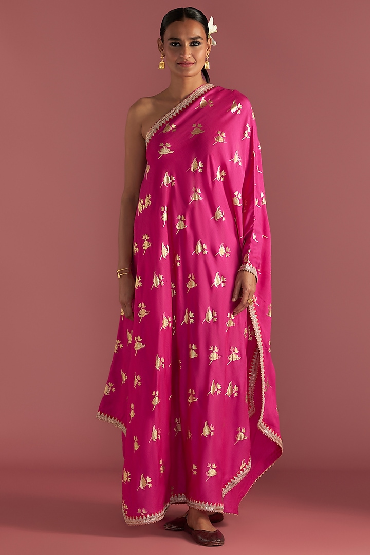 Magenta Pink Raw Silk Printed One-Shoulder Kaftan by Masaba