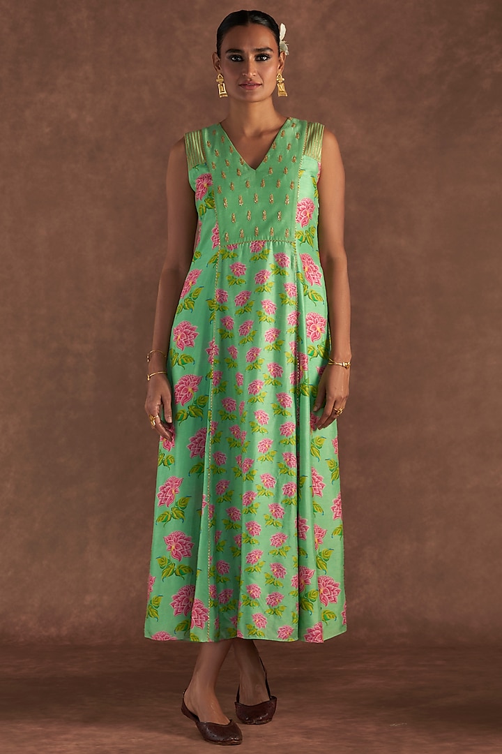 Sea Green Raw Silk Digital Printed A-Line Kurta Dress by Masaba at Pernia's Pop Up Shop