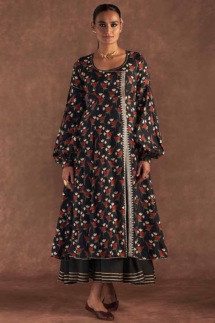 Black Raw Silk Printed Layered Kurta Dress by Masaba at Pernia's Pop Up Shop