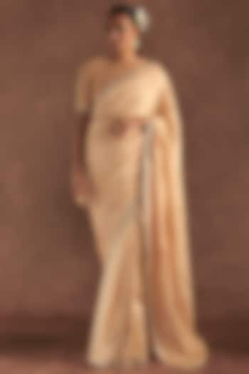 Beige Raw Silk Embellished & Printed Party Wear Saree Set by Masaba at Pernia's Pop Up Shop