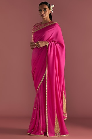 Magenta Raw Silk Embroidered Saree Set by Masaba