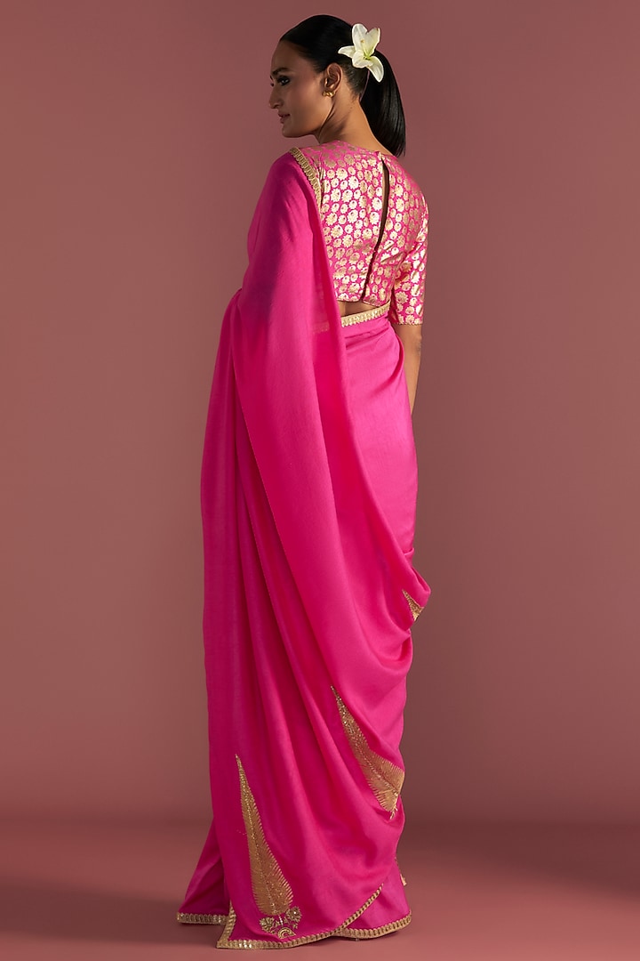 Magenta Raw Silk Embroidered Wedding Saree Set by Masaba at Pernia's Pop Up Shop