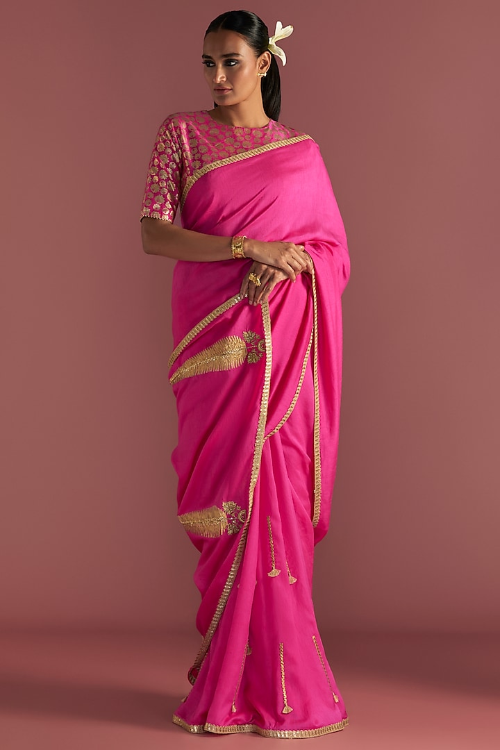 Magenta Raw Silk Embroidered Wedding Saree Set by Masaba at Pernia's Pop Up Shop