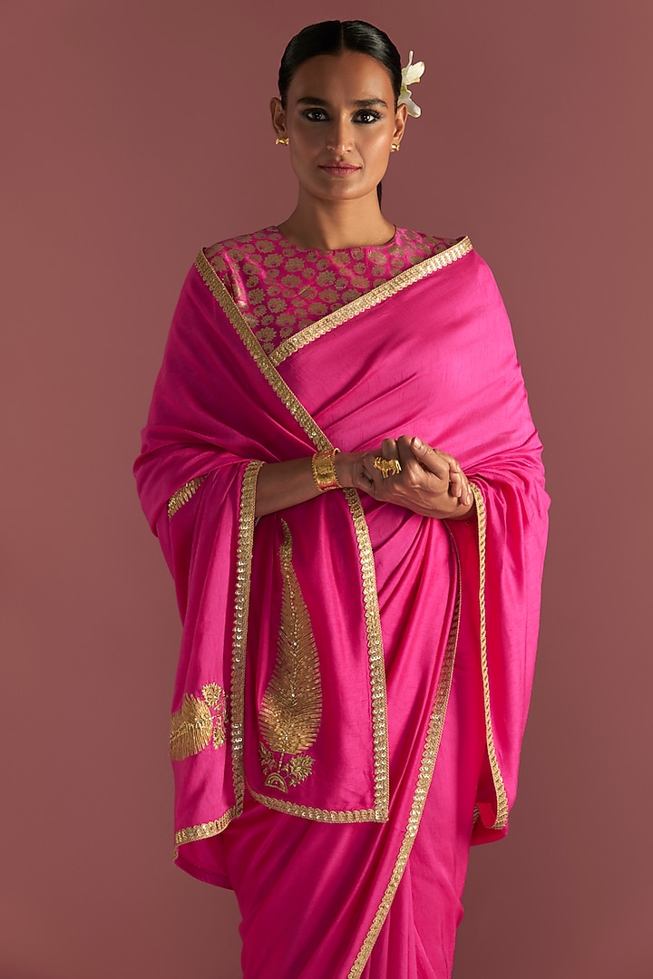 Magenta Raw Silk Embroidered Wedding Saree Set by Masaba at Pernia's Pop Up Shop