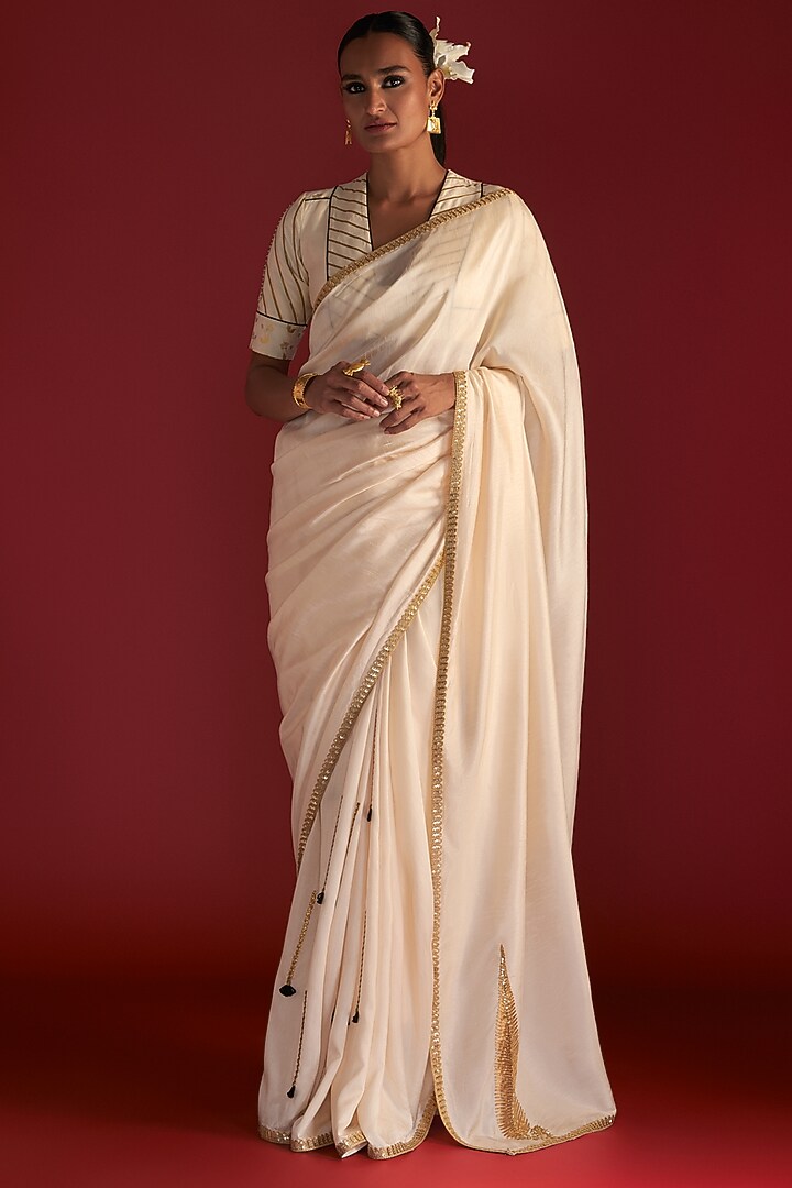 Ivory Raw Silk Embroidered Party Wear Saree Set by Masaba at Pernia's Pop Up Shop