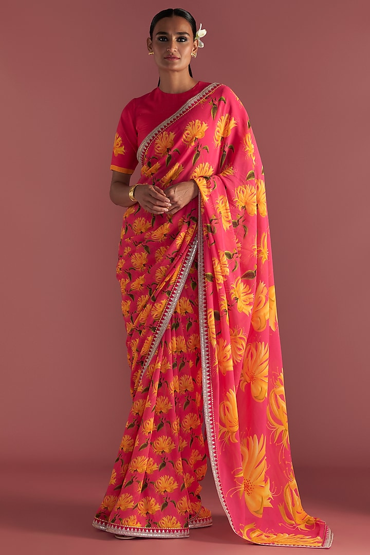 Berry Pink Georgette Embroidered & Printed Saree Set by Masaba at Pernia's Pop Up Shop