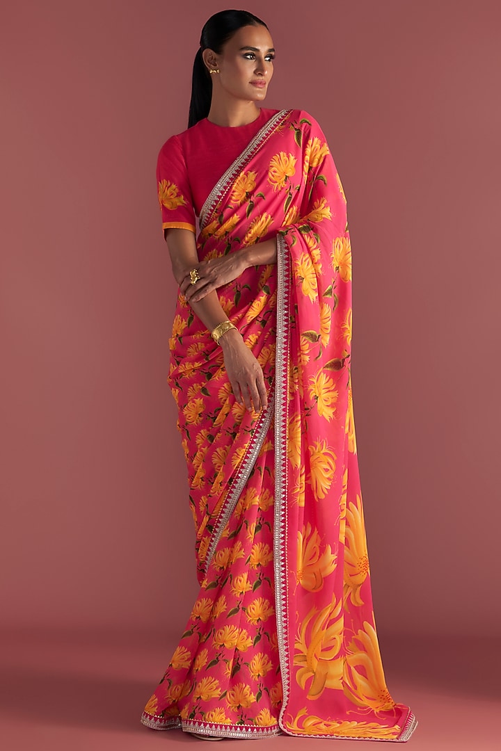 Berry Pink Georgette Embroidered & Printed Party Wear Saree Set by Masaba at Pernia's Pop Up Shop