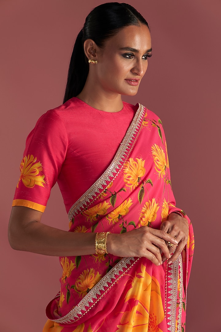 Berry Pink Georgette Embroidered & Printed Party Wear Saree Set by Masaba at Pernia's Pop Up Shop