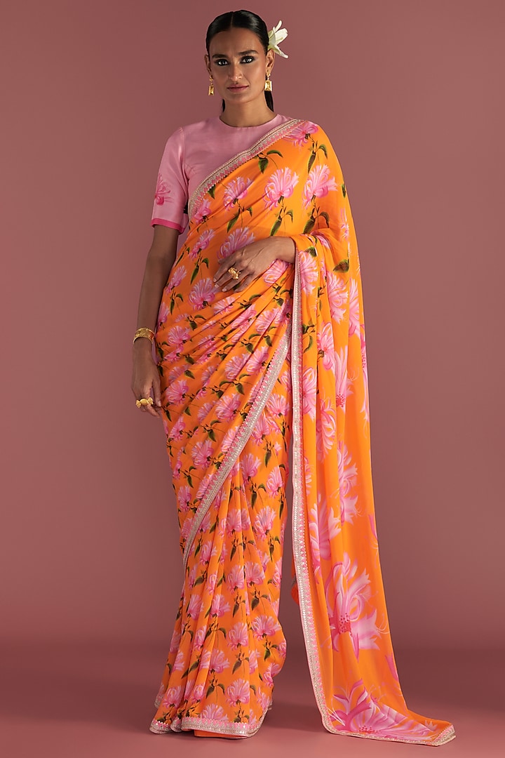 Orange Georgette Embroidered & Printed Saree Set by Masaba