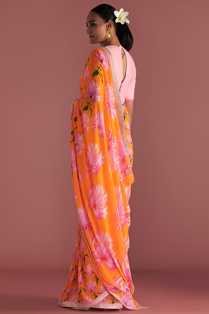 Orange Georgette Embroidered & Printed Party Wear Saree Set by Masaba at Pernia's Pop Up Shop