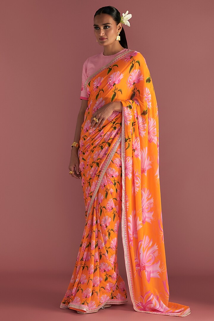 Orange Georgette Embroidered & Printed Party Wear Saree Set by Masaba at Pernia's Pop Up Shop