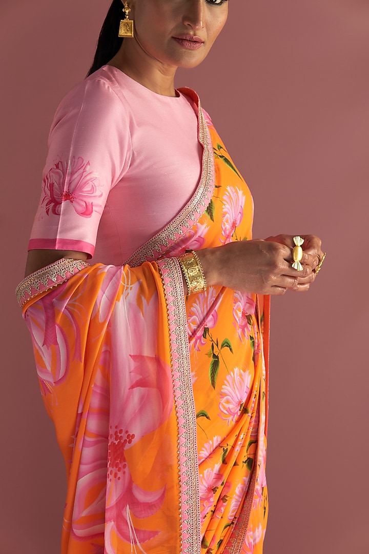Orange Georgette Embroidered & Printed Party Wear Saree Set by Masaba at Pernia's Pop Up Shop
