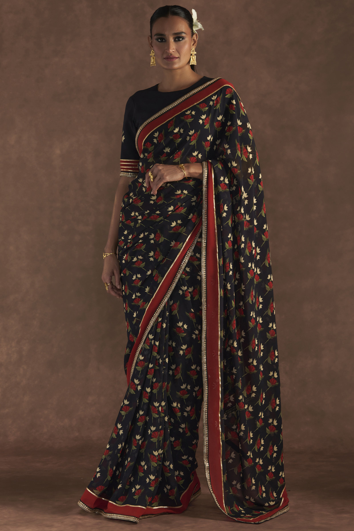 Black Georgette Embroidered & Printed Party Wear Saree Set by Masaba at Pernia's Pop Up Shop