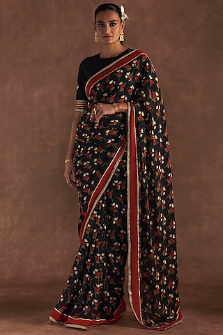 Black Georgette Embroidered & Printed Saree Set by Masaba