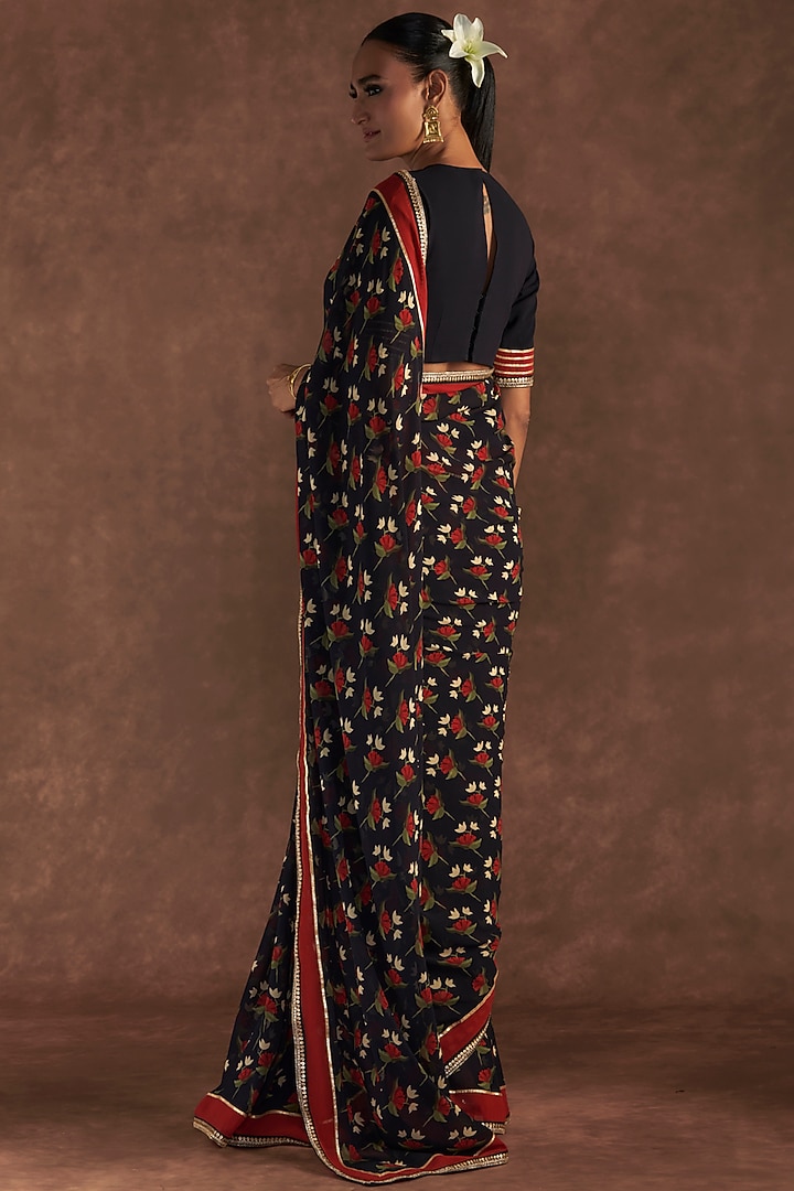 Black Georgette Embroidered & Printed Party Wear Saree Set by Masaba at Pernia's Pop Up Shop