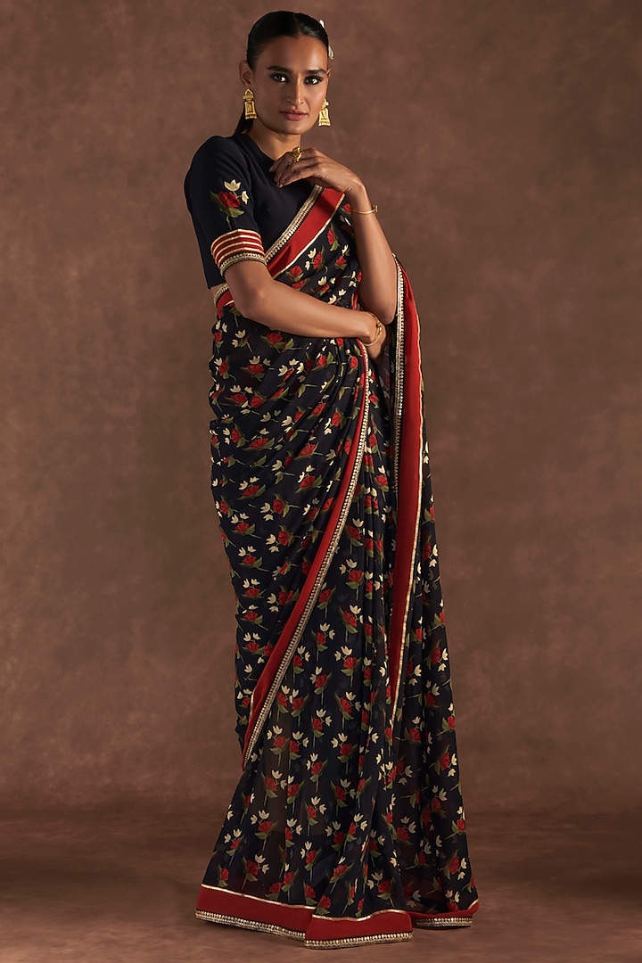 Black Georgette Embroidered & Printed Party Wear Saree Set by Masaba at Pernia's Pop Up Shop
