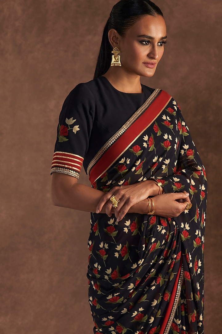 Black Georgette Embroidered & Printed Party Wear Saree Set by Masaba at Pernia's Pop Up Shop