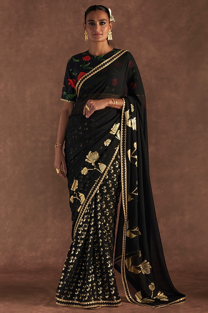 Black Georgette Embroidered & Printed Saree Set by Masaba at Pernia's Pop Up Shop