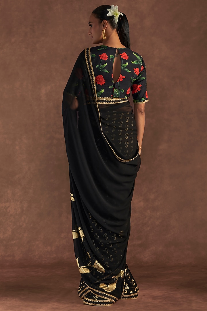 Black Georgette Embroidered & Printed Party Wear Saree Set by Masaba at Pernia's Pop Up Shop