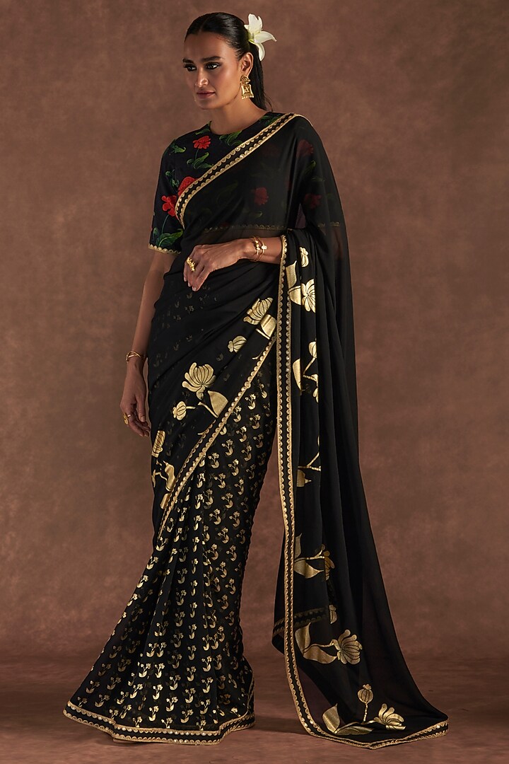 Black Georgette Embroidered & Printed Party Wear Saree Set by Masaba at Pernia's Pop Up Shop