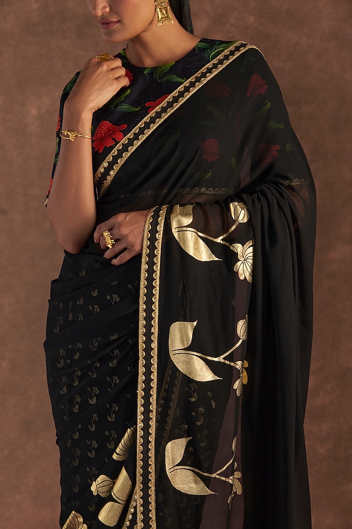 Black Georgette Embroidered & Printed Party Wear Saree Set by Masaba at Pernia's Pop Up Shop