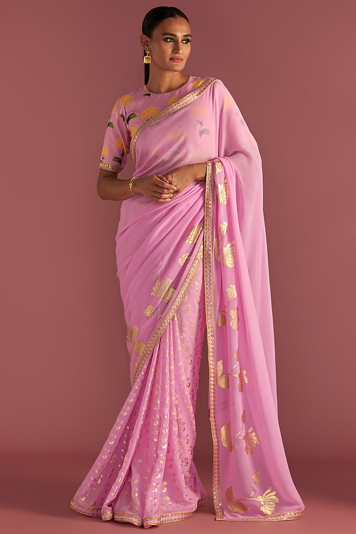 Blush Georgette Embroidered & Printed Saree Set by Masaba