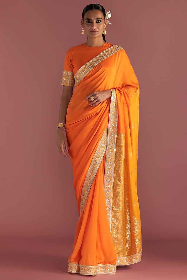 Orange Raw Silk Embroidered Saree Set by Masaba at Pernia's Pop Up Shop