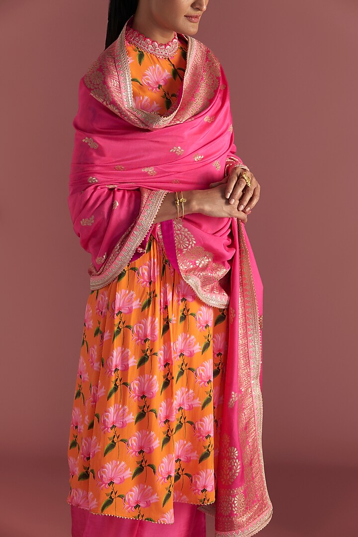 Orange Crepe Silk Embroidered & Digital Printed Kurta Set by Masaba at Pernia's Pop Up Shop