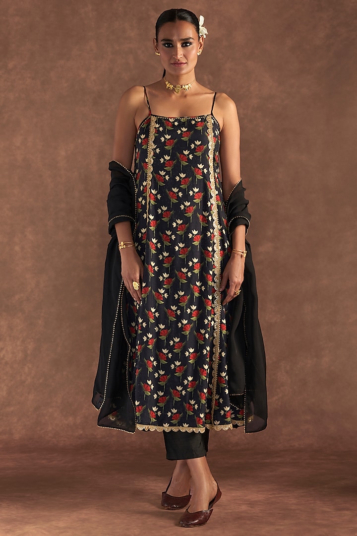 Black Raw Silk Embroidered & Printed Anarkali Set by Masaba at Pernia's Pop Up Shop