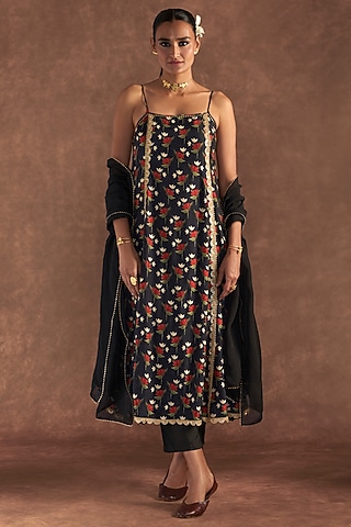 Black Raw Silk Embroidered & Printed Anarkali Set by Masaba