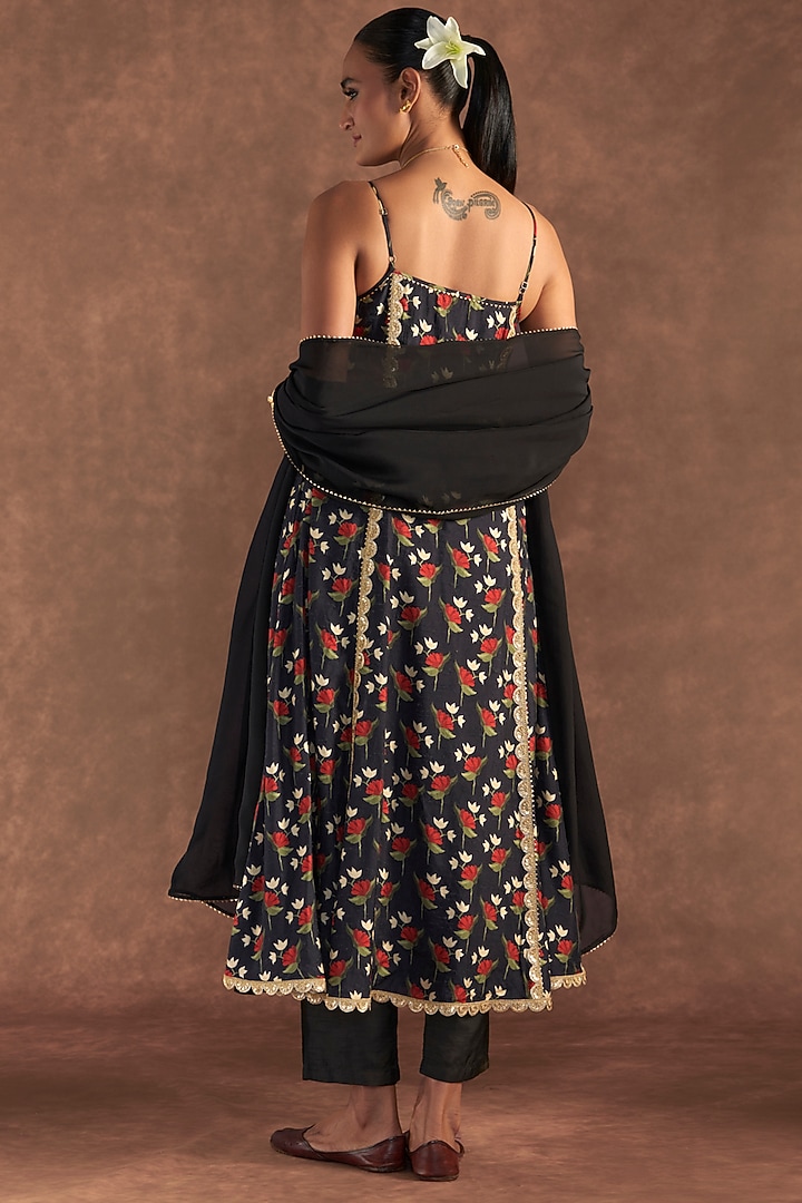 Black Raw Silk Embroidered & Printed Party Wear Anarkali Set by Masaba at Pernia's Pop Up Shop