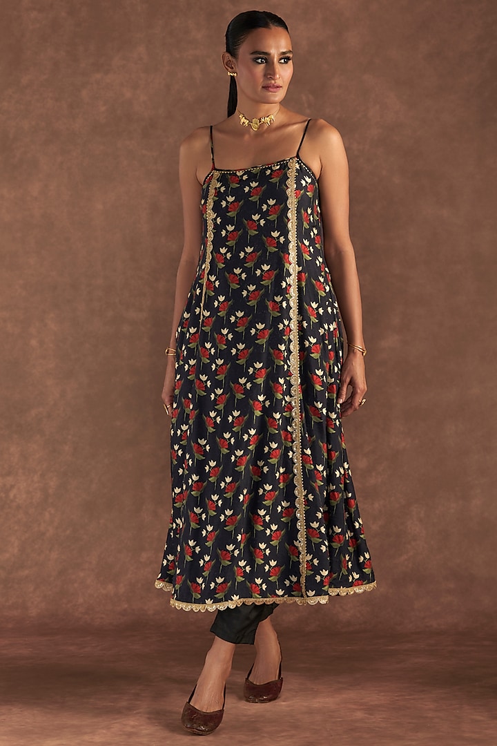 Black Raw Silk Embroidered & Printed Party Wear Anarkali Set by Masaba at Pernia's Pop Up Shop