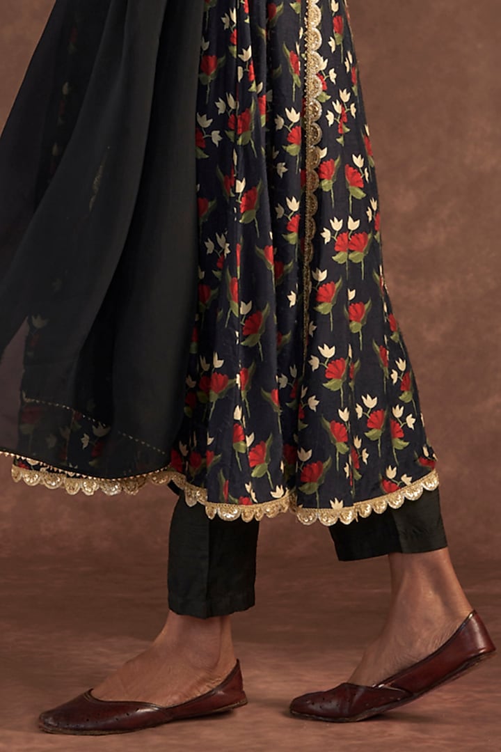 Black Raw Silk Embroidered & Printed Party Wear Anarkali Set by Masaba at Pernia's Pop Up Shop