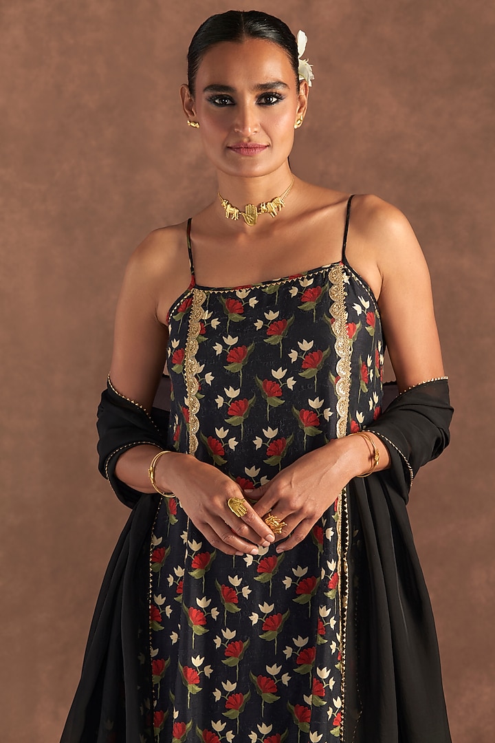 Black Raw Silk Embroidered & Printed Party Wear Anarkali Set by Masaba at Pernia's Pop Up Shop